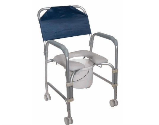Silla para ducha de aluminio con cómodo ruedas y asiento acojinado.
